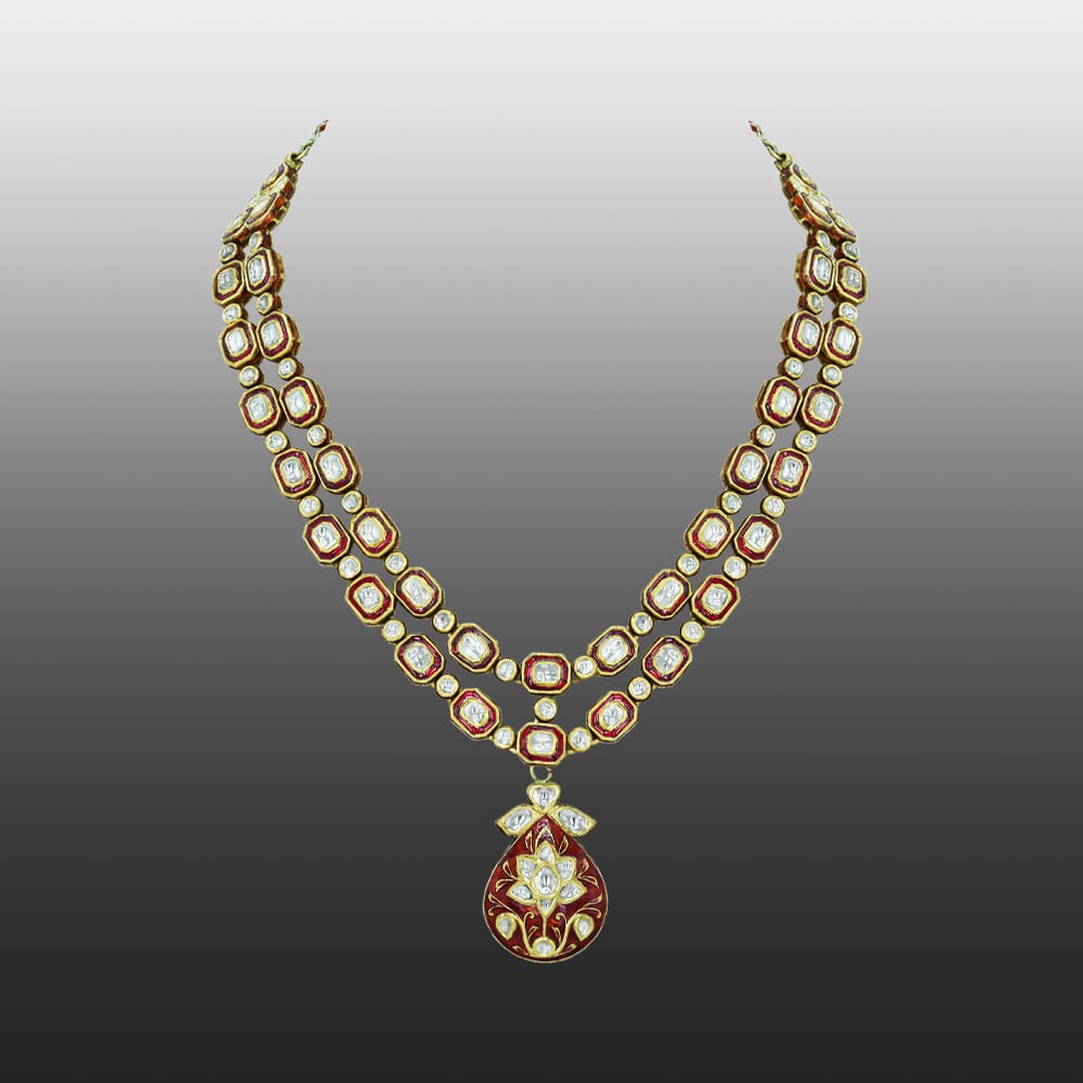 Double-Layer Polki Necklace with Red Enamel and Floral Pendant